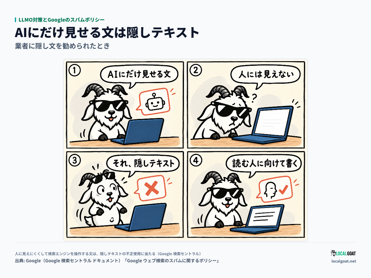 LLMO対策とGoogleのスパムポリシー: AI にだけ見せる文を書いた GOAT君 が、人に見えない文は隠しテキストだと知り、読む人に向けて書き直す 4 コマ(出典: Google)