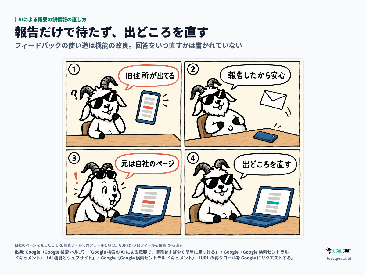 AIによる概要の誤情報の直し方: GOAT君 が報告だけ送って待ち、リンク先の自社ページに古い住所が残っていたと気づく 4 コマ(出典: Google)