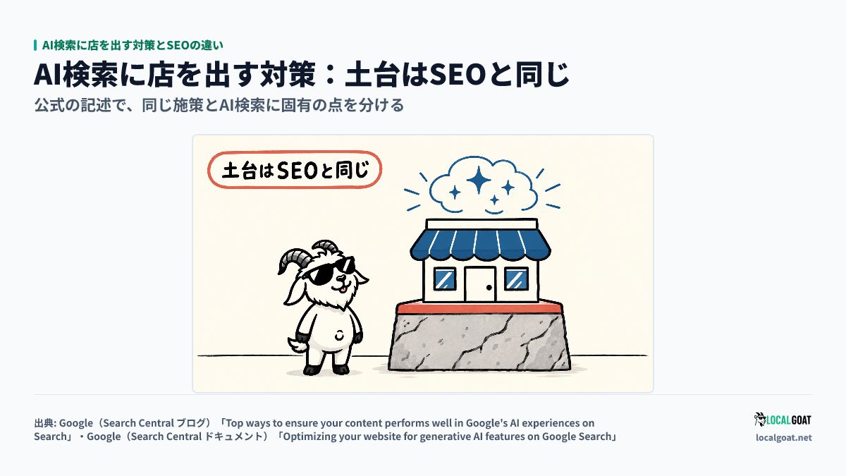 AI検索に店を出す対策とSEOの違い: GOAT君 が、大きな土台の上に載った店に新しい光が差すのを見上げるアイキャッチ。AI 検索の対策も土台は SEO と同じ(出典: Google)