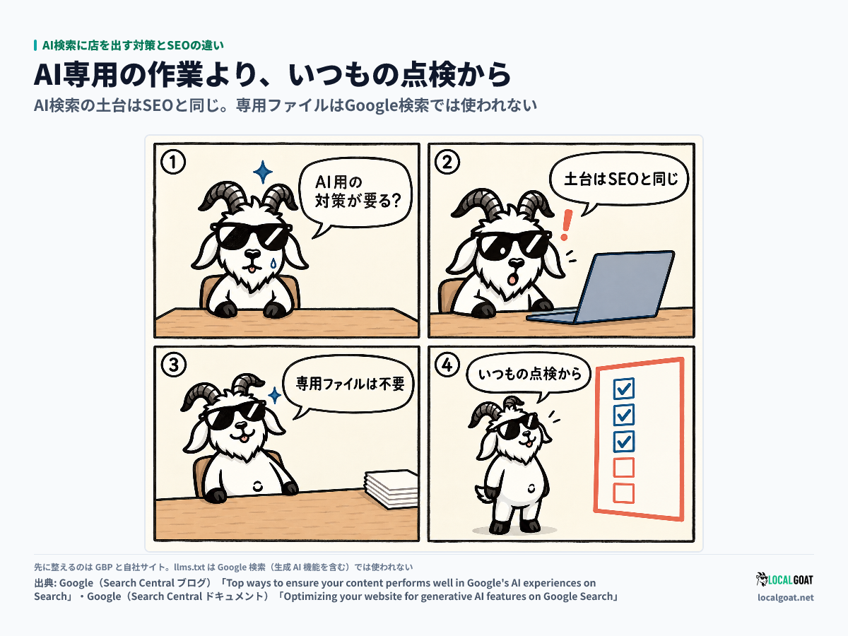 AI検索に店を出す対策とSEOの違い: AI 用の対策が要ると思い込んだ GOAT君 が、土台は SEO と同じで専用ファイルは要らないと知り、いつもの点検から始める 4 コマ(出典: Google)