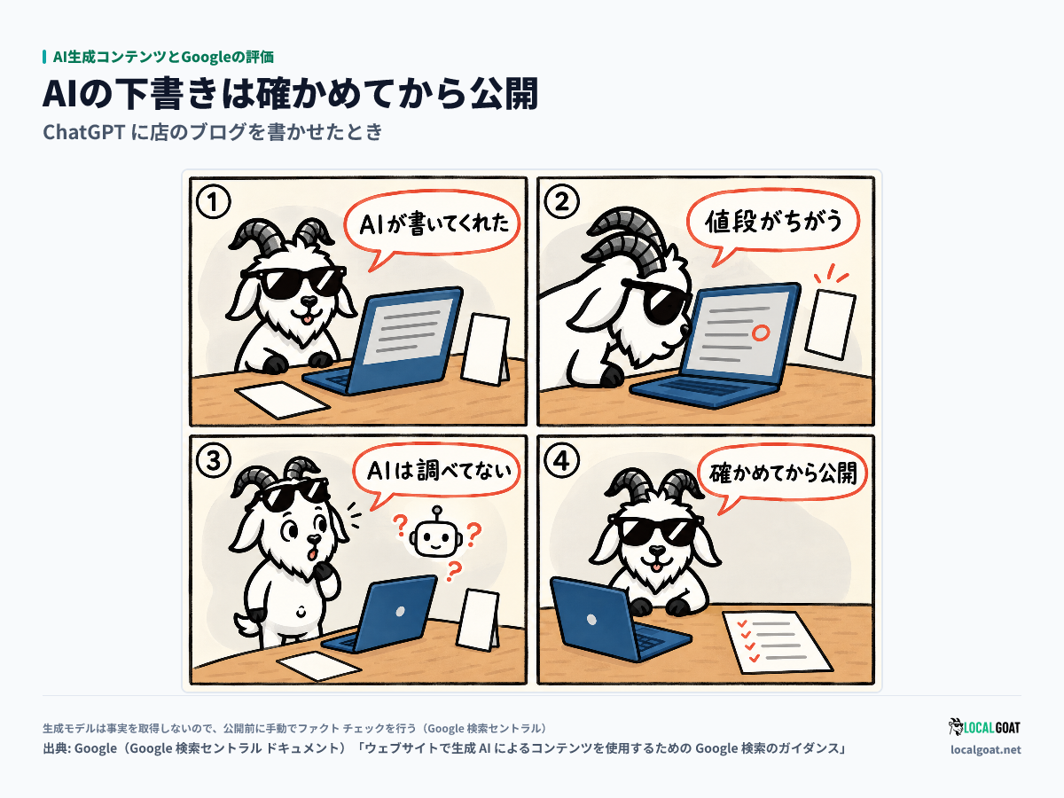 AI生成コンテンツとGoogleの評価: AI の下書きの値段が店の札と違うことに気づいた GOAT君 が、AI は事実を調べていないと知り、確かめてから公開する 4 コマ(出典: Google)