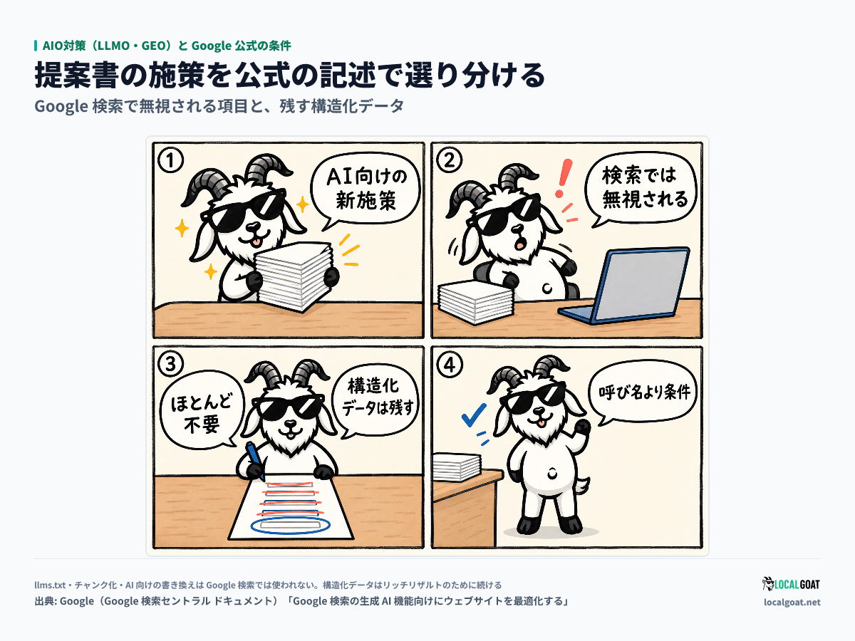 AIO対策（LLMO・GEO）と Google 公式の条件: AI 向けの提案書を公式ガイドと突き合わせ、無視される施策に線を引いて構造化データだけを残す様子を GOAT君 の 4 コマで示す（出典: Google）