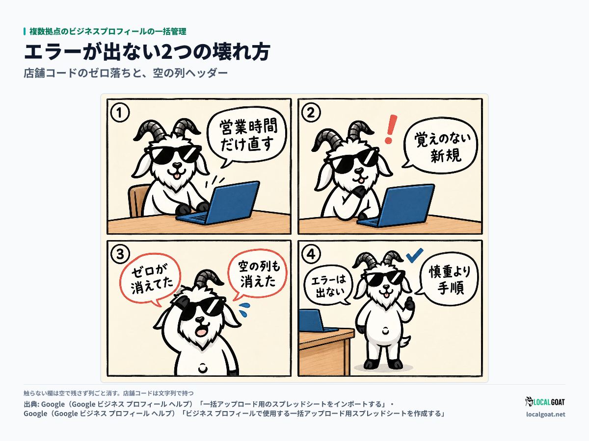 複数拠点のビジネスプロフィールの一括管理: 営業時間だけ直したつもりのスプレッドシートで、店舗コードのゼロ落ちと空の列ヘッダーがエラーを出さずに既存の情報を壊す様子を GOAT君 の 4 コマで示す（出典: Google）