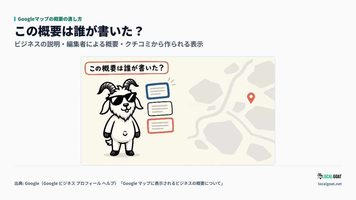 Googleマップの概要の直し方: 色の違う 3 枚のカードを GOAT君 が見比べ、概要を誰が書いたかを先に確かめるアイキャッチ(出典: Google)
