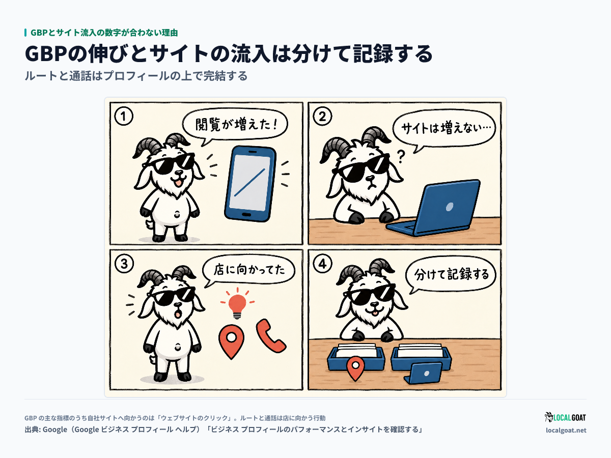 GBPとサイト流入の数字が合わない理由: 閲覧は増えたのにサイトが増えず、伸びた分が店に向かう行動だと気づいて分けて記録する GOAT君 の 4 コマ(出典: Google)