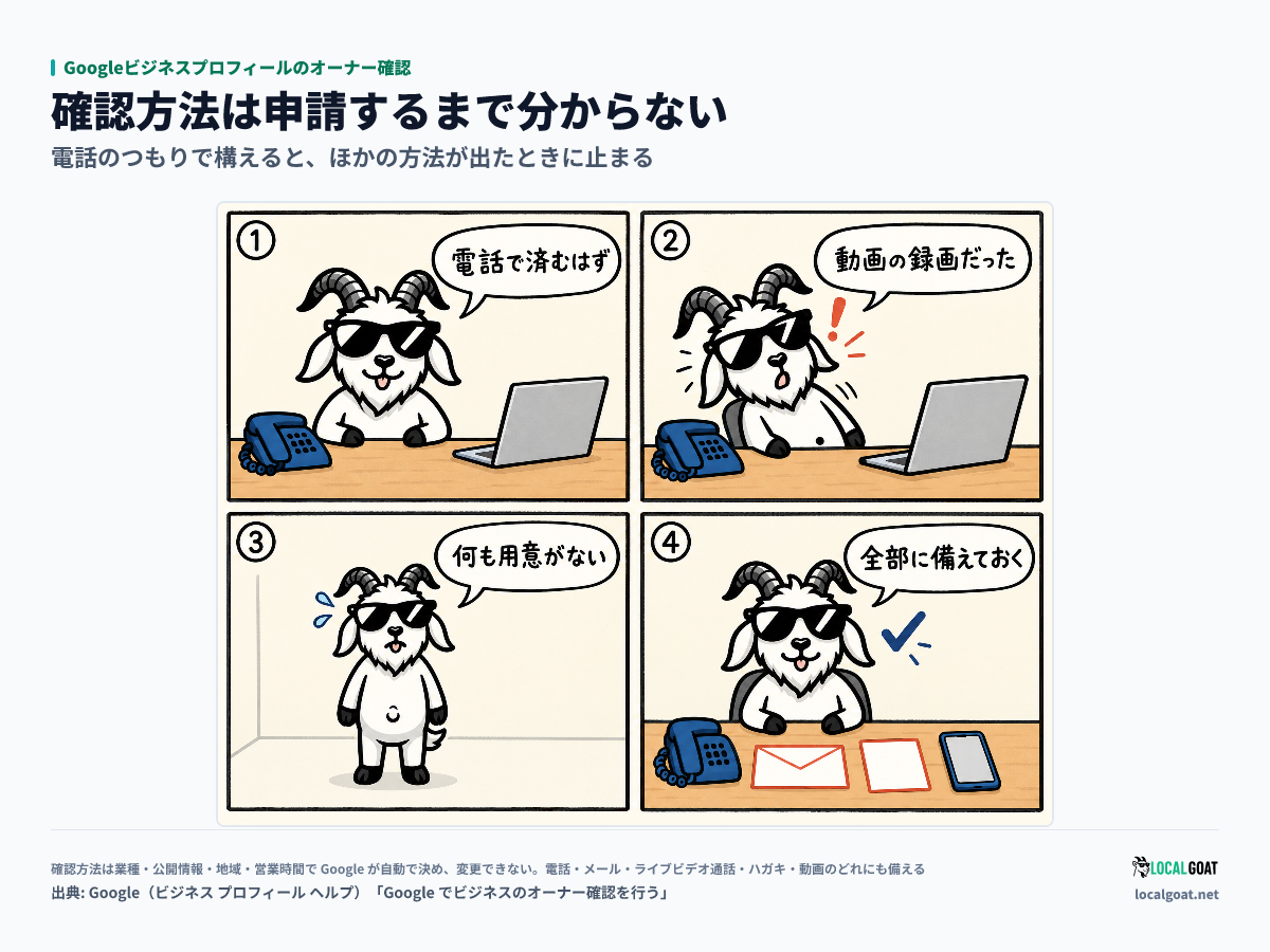 Googleビジネスプロフィールのオーナー確認: 電話で済むつもりが動画の録画を求められて準備が無く止まり、どの確認方法が出ても動ける準備を先にすると気づく様子を GOAT君 の 4 コマで示す(出典: Google)