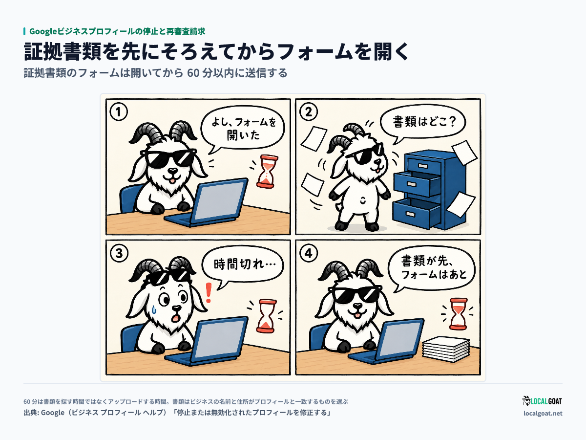 Googleビジネスプロフィールの停止と再審査請求: フォームを開いてから書類を探した GOAT君 が時間切れになり、書類を先にそろえると学ぶ 4 コマ（出典: Google）