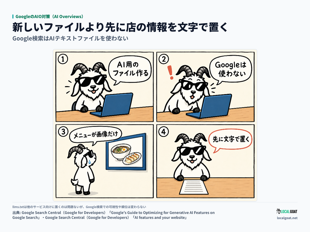 GoogleのAIO対策（AI Overviews）: AI 用のファイルを作ろうとした GOAT君 が、Google検索はそれを使わないと知り、画像だけのメニューを先に文字で置き直す 4 コマ（出典: Google Search Central）