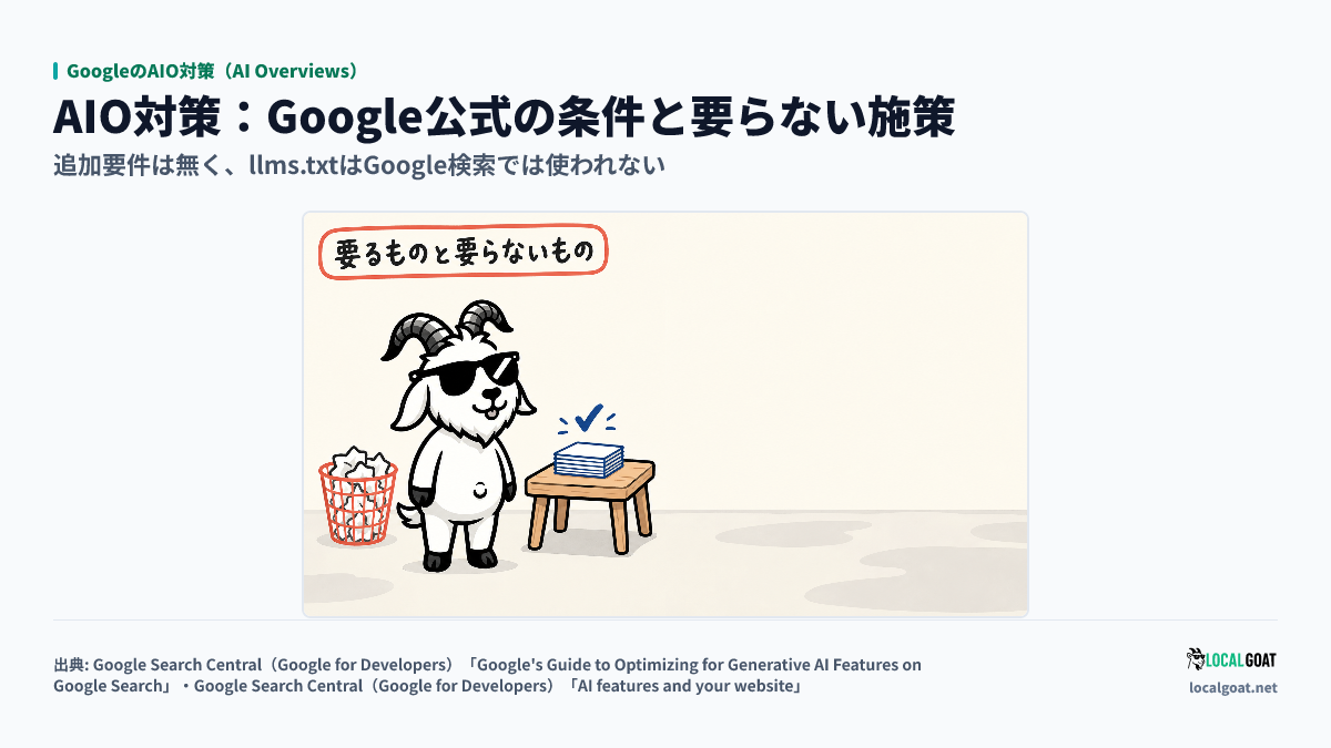 GoogleのAIO対策（AI Overviews）: GOAT君 が、要らないものを放り込んだかごを背に、要るものの束のほうを向くアイキャッチ（出典: Google Search Central）