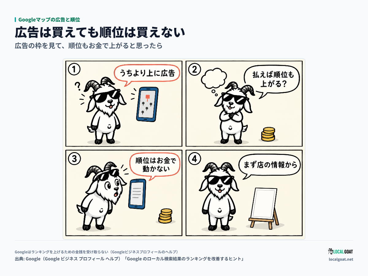 Googleマップの広告と順位: 四角いピンの広告を見た GOAT君 が、順位はお金で動かないと知って店の情報を直すことにする 4 コマ（出典: Google）