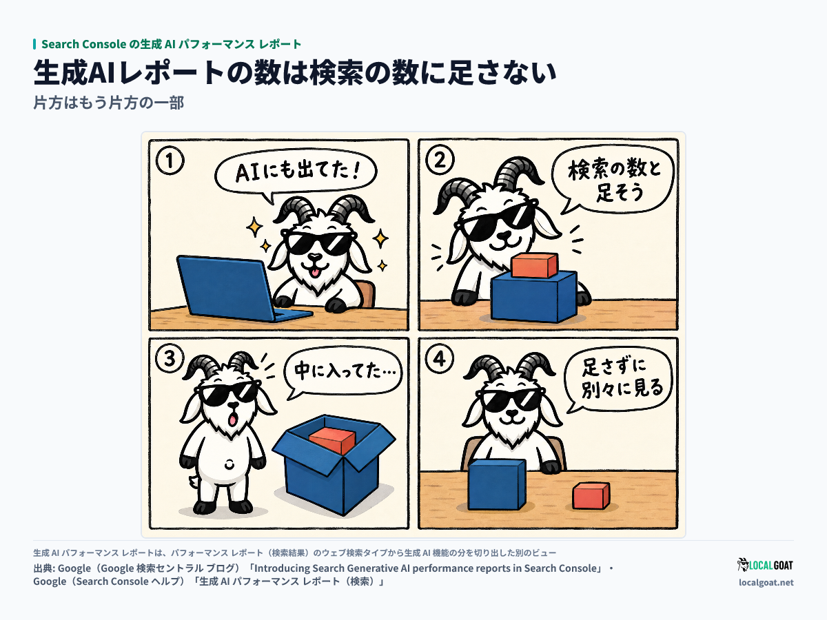 Search Console の生成 AI パフォーマンス レポート: 2 つの数を足そうとした GOAT君 が片方がもう片方に含まれると気づき、別々に見る 4 コマ(出典: Google)