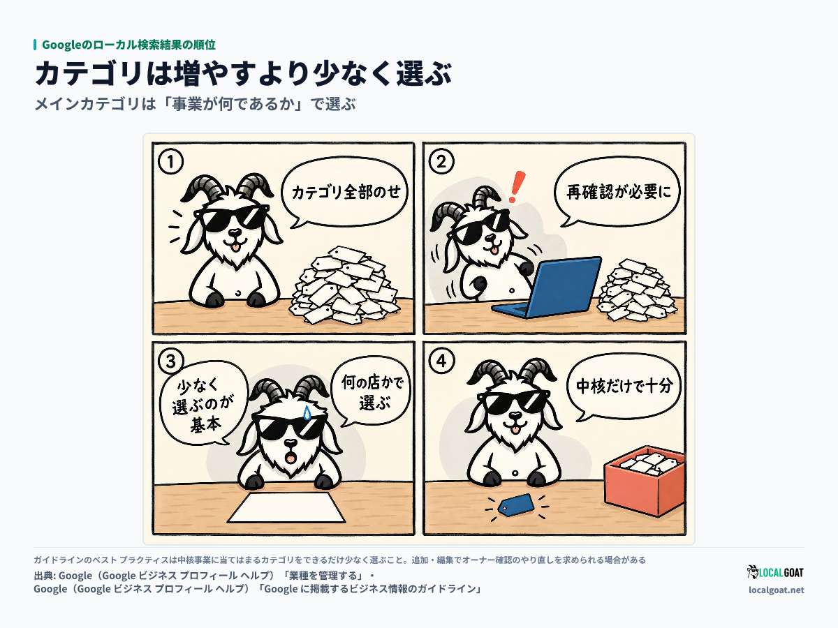 Googleのローカル検索結果の順位: カテゴリを次々に足した GOAT君 が確認のやり直しを求められ、中核のカテゴリを少なく選ぶよう勧められていると知って選び直す 4 コマ(出典: Google)