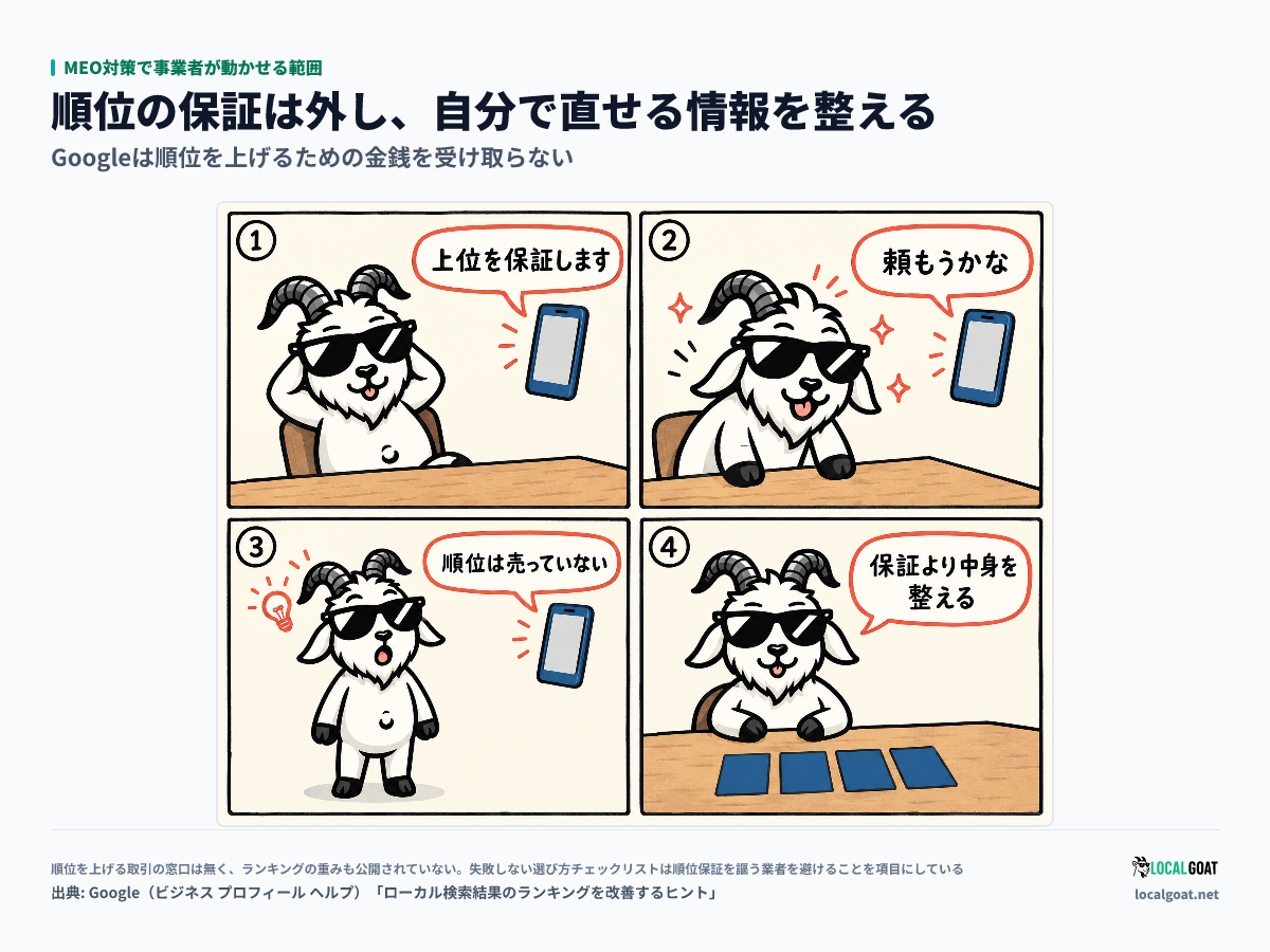 MEO対策で事業者が動かせる範囲: 順位保証の営業に乗りかけた GOAT君 が、順位は売られていないと気づいて自分で直せる情報を整える 4 コマ（出典: Google）