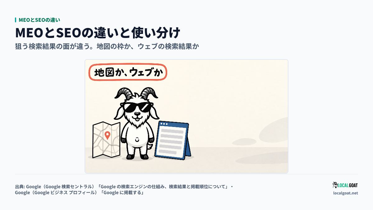MEOとSEOの違い: 左の地図と右のウェブページの枠の間に GOAT君 が立ち、狙う検索結果の面が違うことを示すアイキャッチ（出典: Google）