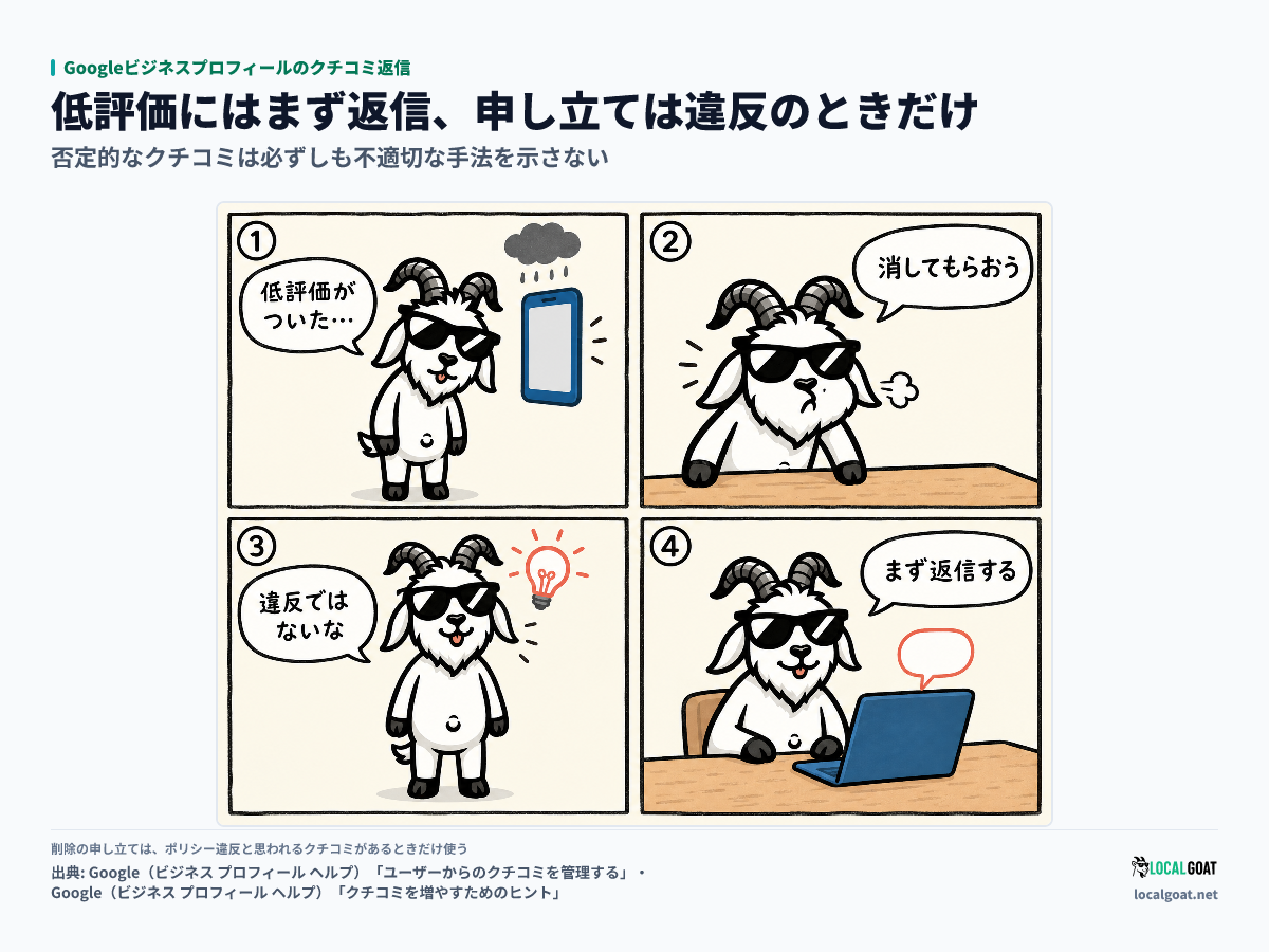 Googleビジネスプロフィールのクチコミ返信: 低評価を消そうとした GOAT君 が違反ではないと気づき、まず返信で応える 4 コマ（出典: Google）